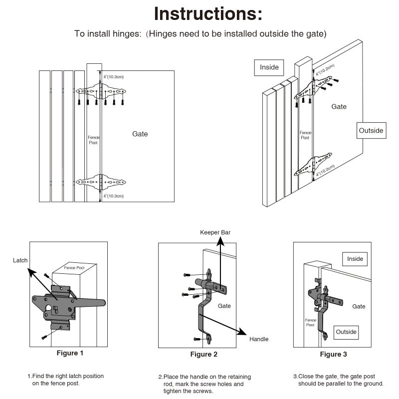 HOME MASTER HARDWARE Wood Gate Hardware Set - Heavy Duty 8" Decorative Strap Hinges and Spring Loaded Latch Kit with Screws for Outdoor Fence Swing Gate Black Finish - Image 4